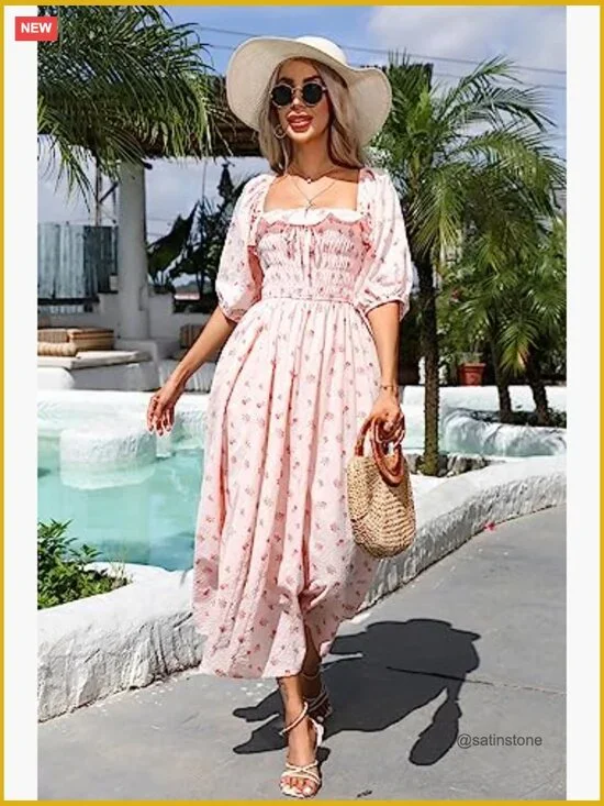 100% Cotton Backless A-Line Flowy Midi Dress with Ruffled Neckline - Picture 2 of 7